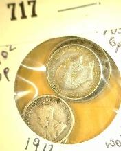 (3) World Silver Coins: 1902 Three Pence, 1905 Six Pence, & 1912 Five Cent Great Britain. All carded