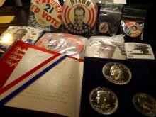 Goldwater, Taft, Reagan, Nixon Large Campaign Buttons & a U.S. Silver Bicentennial U.S. Proof Set.