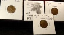Lincoln Cents: 1925 P mostly Brown AU; 1925 D EF; 1925 S EF-AU with die cracks on the reverse.
