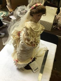 Franklin mint porcelain, Victorian bride doll with stand