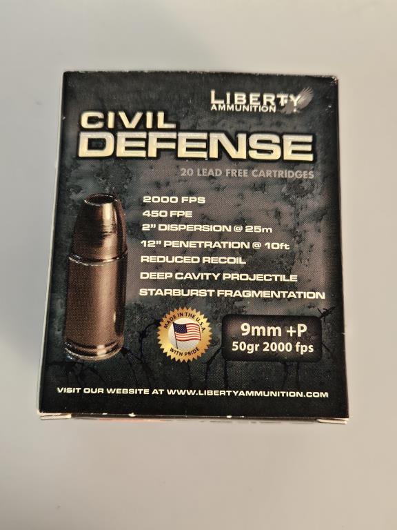 Liberty Civil Defense 20 Cartridge Bxs 9mm+P  Ammo