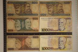 6 BANK OF BRAZIL BILLS, 2-500 CRUZEIROS (1 WITH