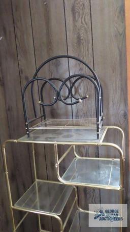 metal magazine rack, metal and glass stand and entertainment center
