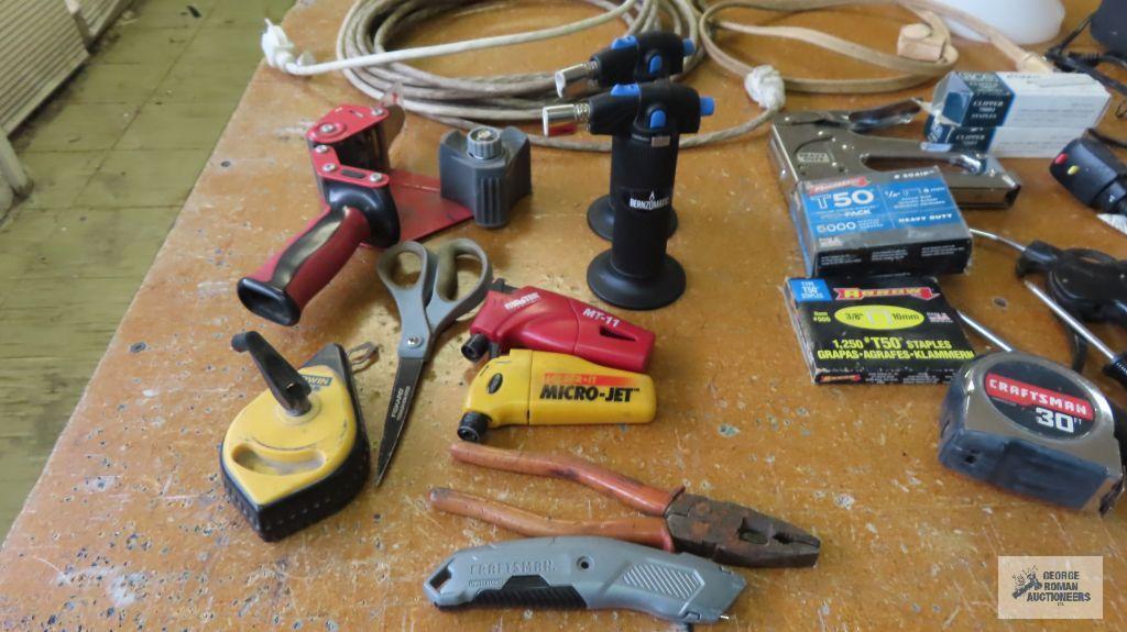 Lot of miniature torches, extension cords, staplers, tools, etc