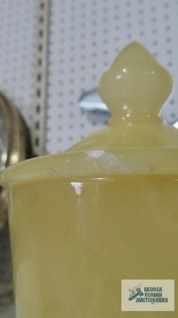 Alabaster lidded container, made in Italy. Chip on lid and an internal crack line on lid.