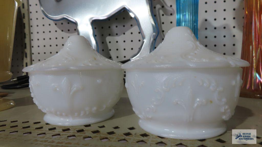 Pair of John Kemple Glass milk glass vanity dresser jars. East Palestine, Ohio