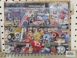 Super Bowl XXV collage poster and fabric helmet cutouts