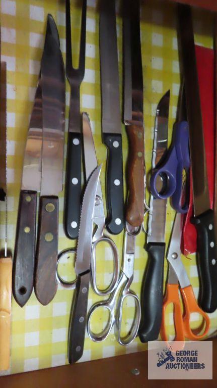 Assorted kitchen knives, scissors and other utensils