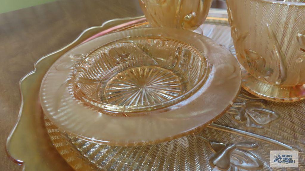 Carnival glass Iris design plate, creamer, sugar, and butter dish