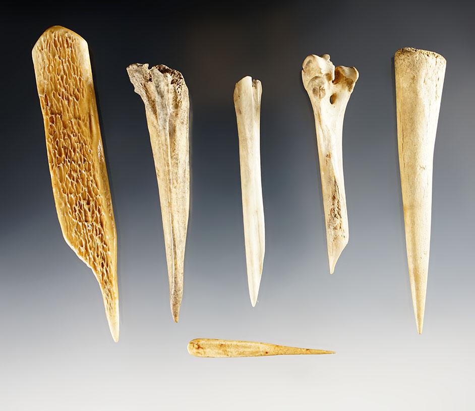 Set of 6 Bone Awls found at Glovers Cave, Christian Co., Kentucky. Ex. Raymond Vietzen.