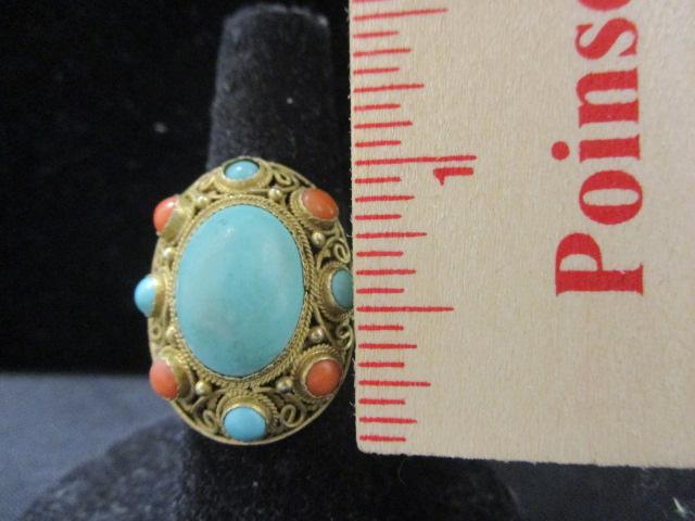 Sterling Silver Vermeil Turquoise & Coral Ring- Adjustable Size