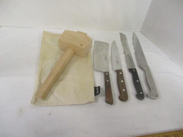 Lot of 4 Knives and Glacio Wood Ice Hammer with Bag