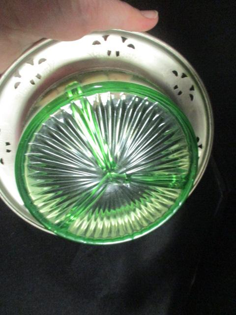 Green Vaseline Glass Handled Bonbon and Divided Dishes