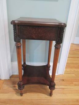 Small Table Lamp and Carved Wood Accent Table with Undershelf