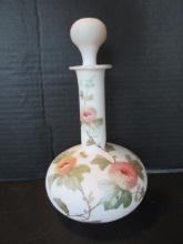 White Hand Blown Stoppered Barber Bottle with Handpainted Flowers