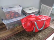 Five Totes of Holiday Decorations and Christmas Tree in Storage Bag