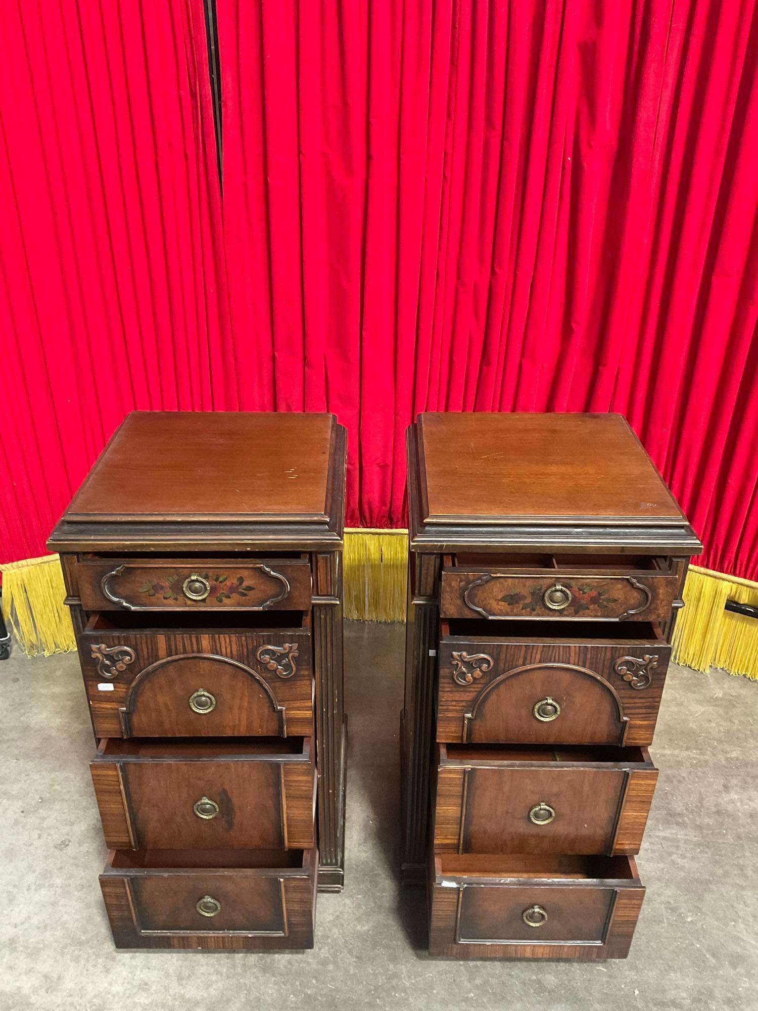 Pair of Antique Berkey & Gay Walnut Bed Stands w/ 4 Drawers & Painted Floral Accents. See pics.