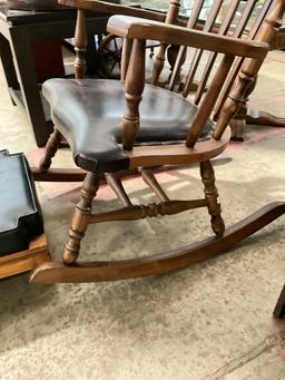 Vintage Doweled Black Leather Rocking Chair w/ Black Leather Ottoman - See pics