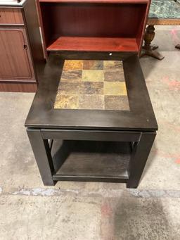 Modern wood 2 tiered end table w/ inlayed stone - See pics