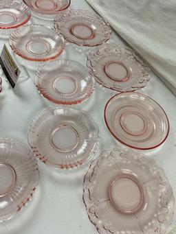 14 pcs Vintage Pink Depression Glass Small Plate Assortment. See pics.