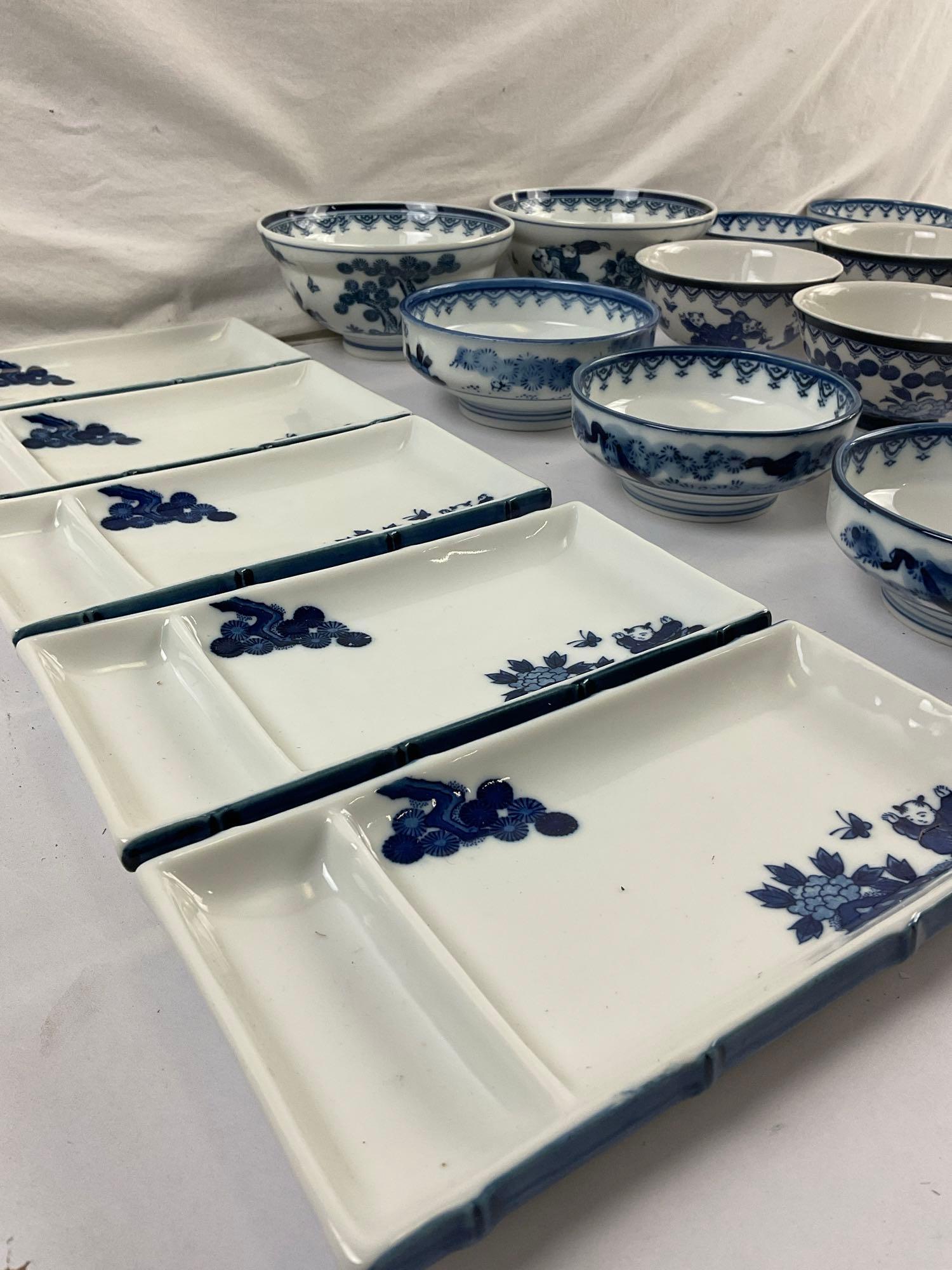 21 pcs Vintage Blue & White Japanese Ceramic Dish Assortment w/ Children Design. See pics.