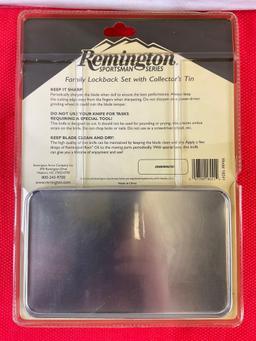 2 pcs Remington Knives Collectible Gift Sets in Decorative Tins. Trapper & Lockback Folders. NIB.