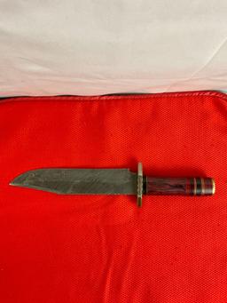 8" Steel Fixed Blade Bowie Knife w/ Etched Blade, Wooden Handle & Embossed Leather Sheath. NIB. See