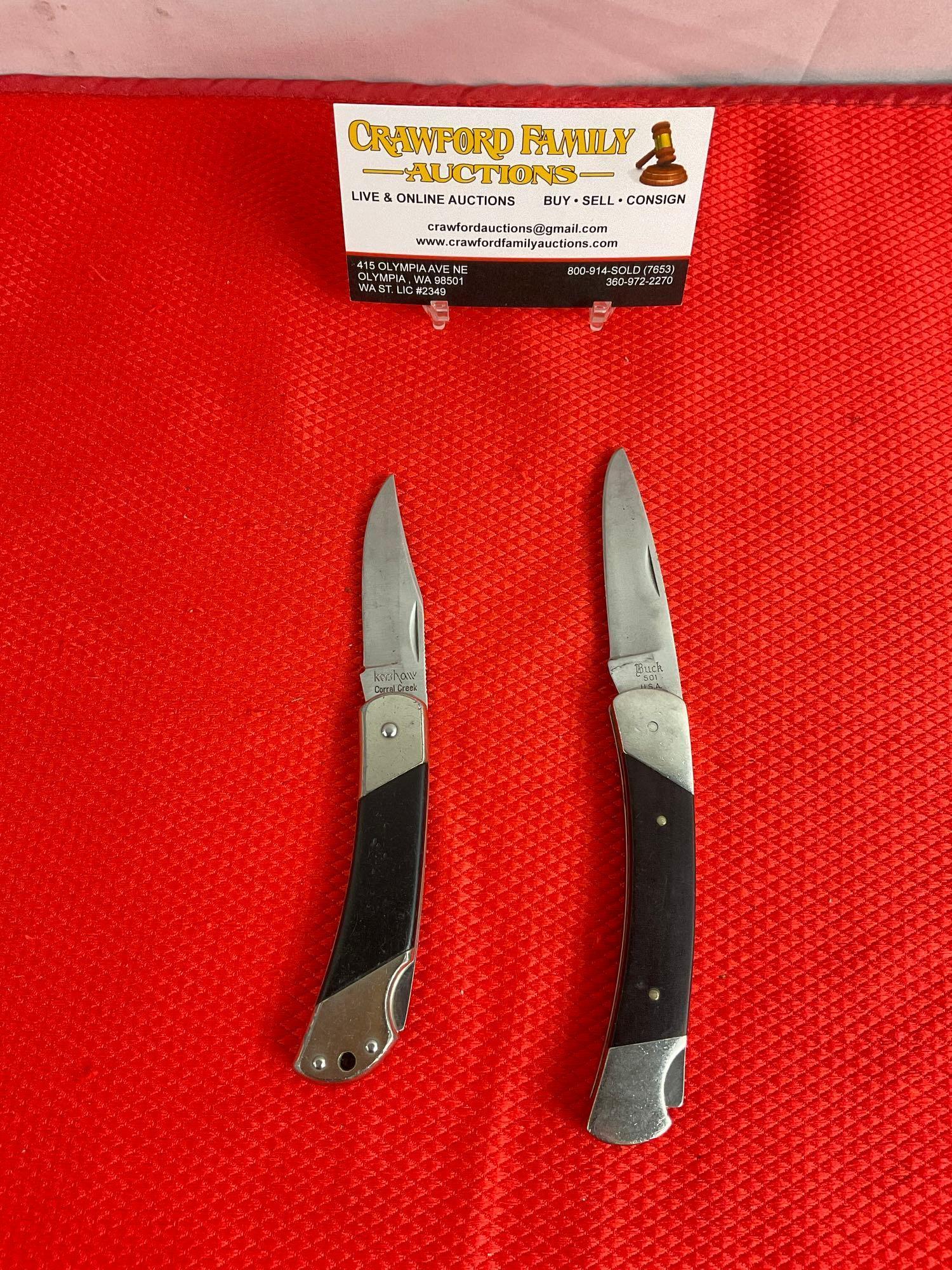 2 pcs Vintage Steel Folding Pocket Knives. 2.5" Kershaw Corral Creek 3115. 3" Buck 501. See pics.