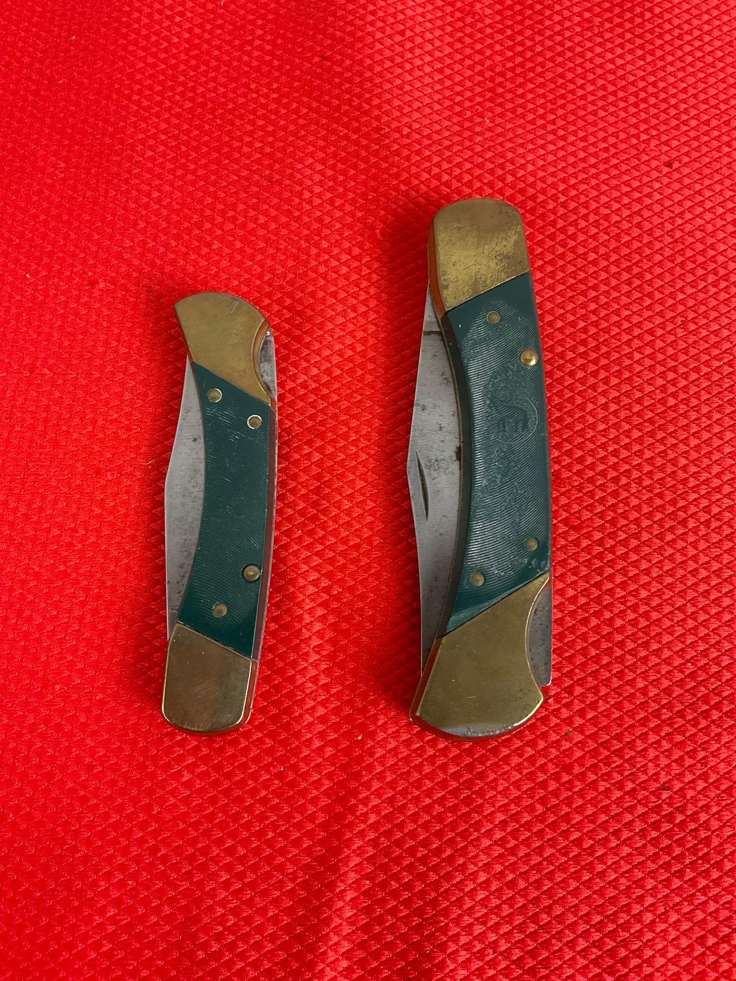 2 pcs Vintage Coyote Steel Folding Knives. 2.5" & 3.5" Blades w/ Brass & Composite Handles. See