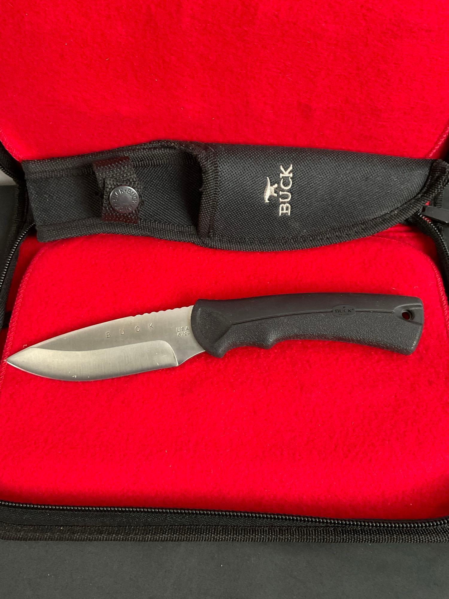2x New In Box Buck Fixed Blade Knives in Sheathes - Numbered CSAR T 680 & 679 - See pics