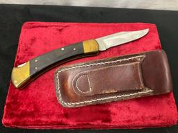 Vintage Buck 110X Folding Hunting Knife, Brass and Wood, w/ Leather Case