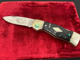 Vintage Western Folding Pocket Knife, S-531, engraved blade with elk scene, metal and wooden handle