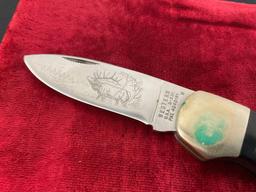 Vintage Western Folding Pocket Knife, S-531, engraved blade with elk scene, metal and wooden handle