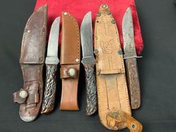 Trio of Vintage Remington Fixed Blade Hunting Knives, RH4 w/ various leather sheaths