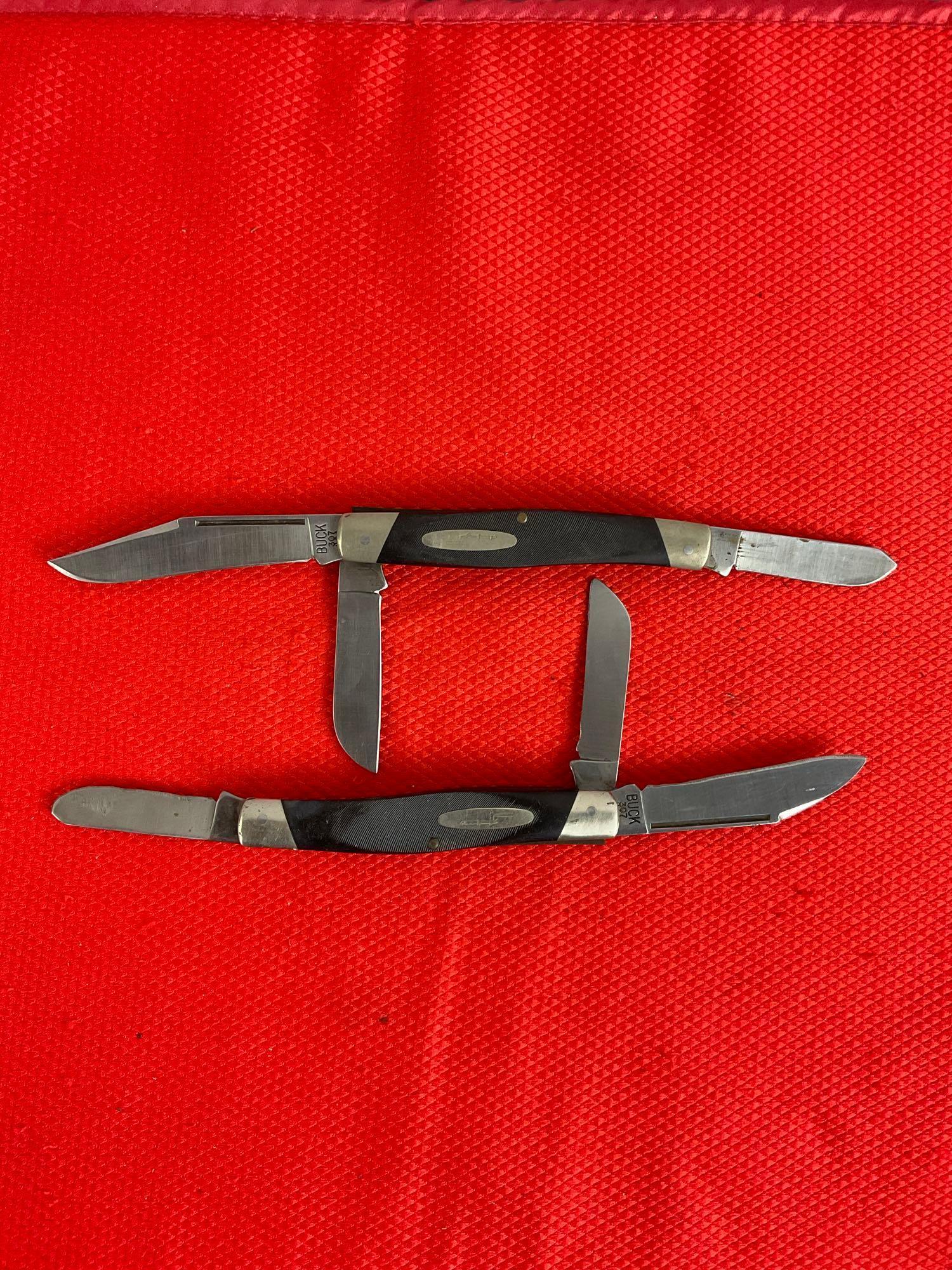 2 pcs Vintage Buck 3" Steel Folding 3-Blade Stockman Pocket Knife Model 307 w/ Delrine Handles. See