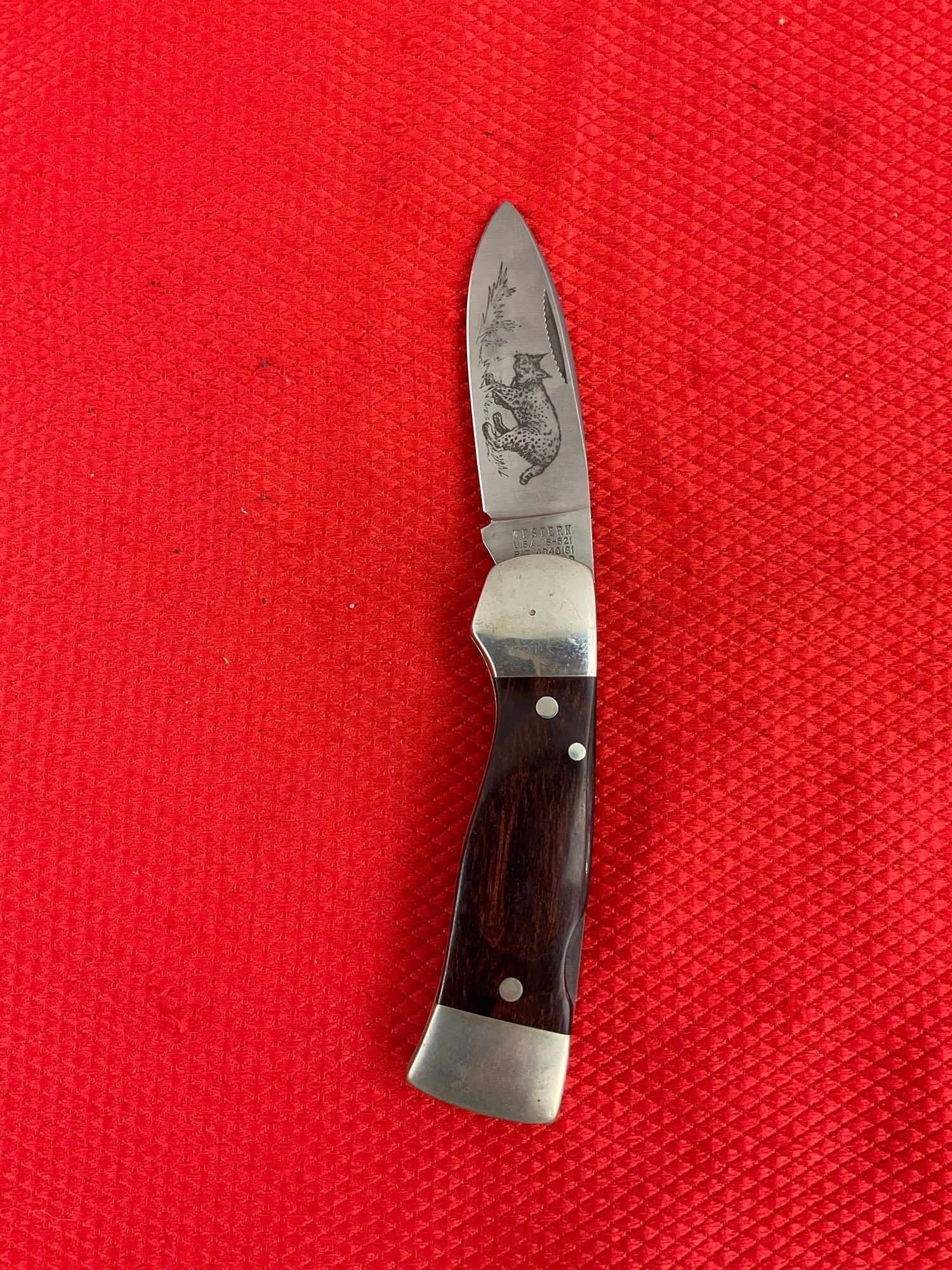 Vintage Western 2.5" Steel Folding Blade Pocket Knife Model S-521D w/ Etched Lynx & Sheath. See