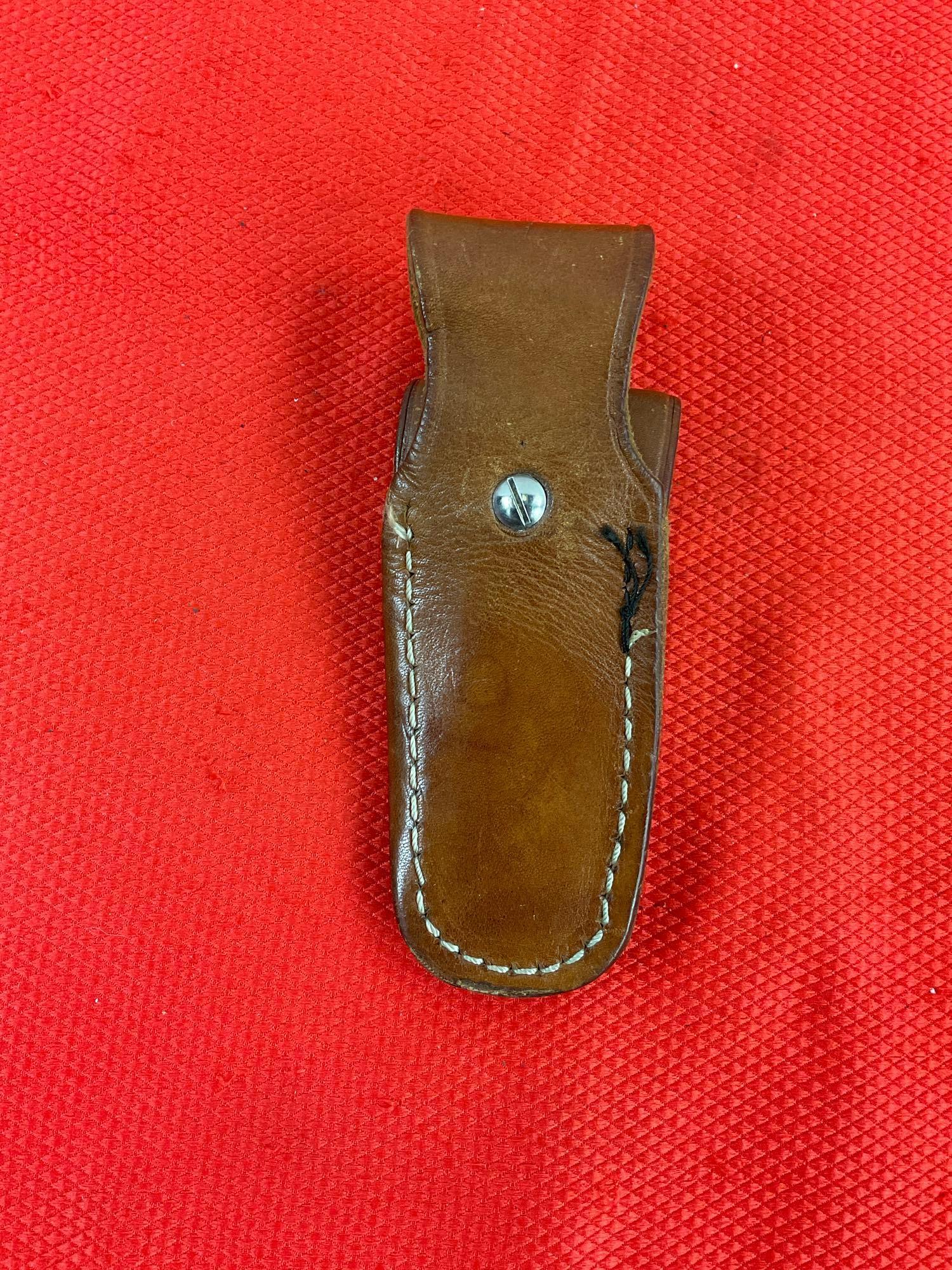 Vintage Western 3" Steel Folding Blade Pocket Knife E-534E w/ Etched Ram & Original Sheath. See