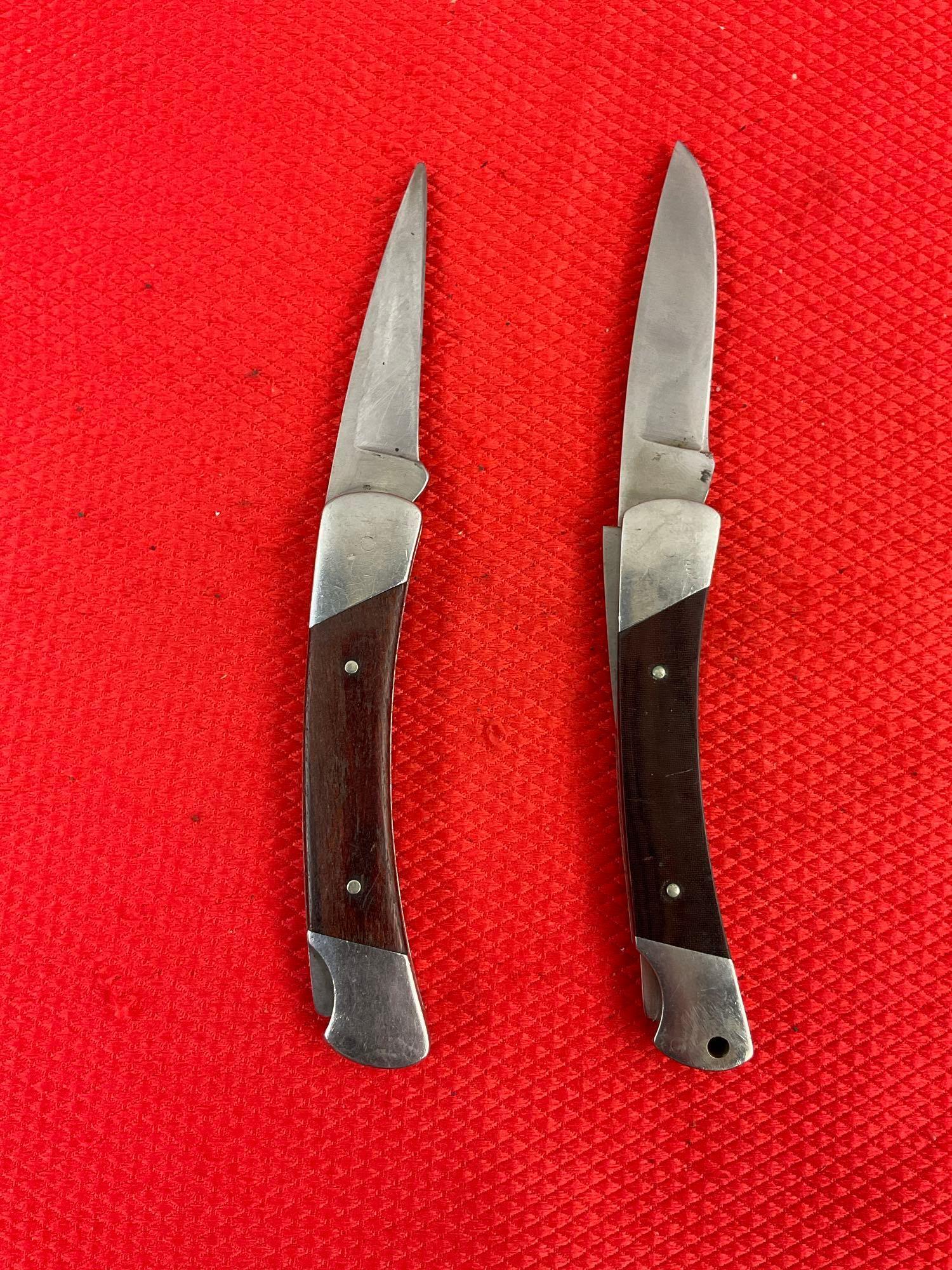 2 pcs Vintage Buck 2.5" Steel Folding Blade Squire Pocket Knives Models 501 & 501>. See pics.