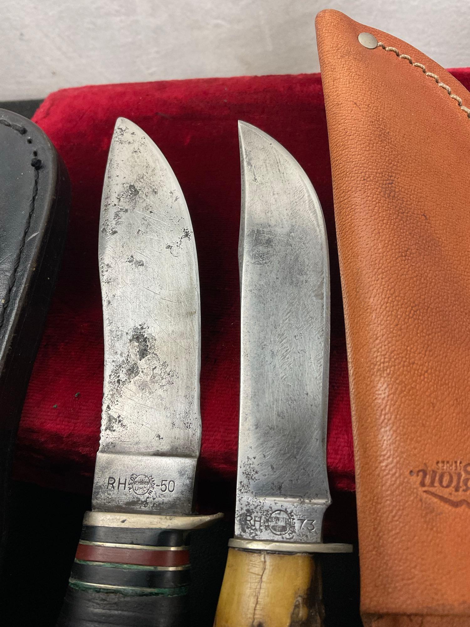 Pair of Vintage Remington Fixed Blade Knives, 1x RH-50 & 1x RH-73 w/ Antler Handle & sheaths