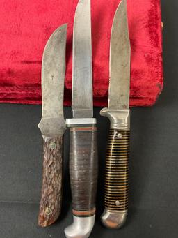 Trio of Vintage Fixed Blade Knives, Rem. RH-4, Pal style model 35(?), & Imperial w/ Leather Sheaths