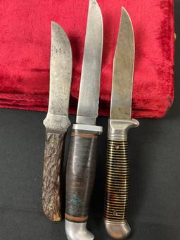 Trio of Vintage Fixed Blade Knives, Rem. RH-4, Pal style model 35(?), & Imperial w/ Leather Sheaths