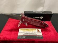 Tiger Folding Pocket Knife, Red Anodized Aluminum Handle