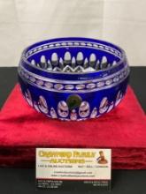 Signed Ray Cunningham Waterford Cobalt Crystal Bowl, Clarendon Pattern, High End