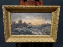 Framed Antique Oil on Canvas, Early Morning Sunrise over the Prairie, Gilt Fame