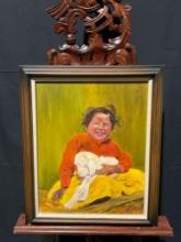 Framed Oil on Canvas of a Happy Child with a Lamb by Mary Griffith
