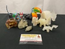 Assortment of Animal Figures & Pyrite Gold Panner, Carved Rock, Ceramic, Resin, and more
