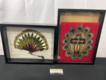 Pair of Shadowboxes w/ Styled Feather Fan & Cross by Norman Peirce, Red Cloud Nebraska