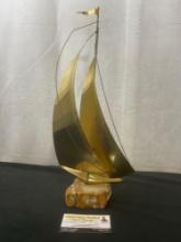 Signed Mid Century Modern Brass & Marble Statue of Sailboat
