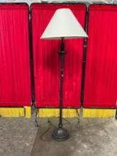 Vintage Painted Black Metal Floor Lamp w/ Cream Cloth Shade. Tested, Works. See pics.
