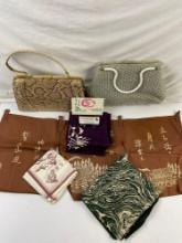 8 pcs Vintage Japanese Fabric Accessory Assortment. 2 Handbags, 6 Textiles. See pics.